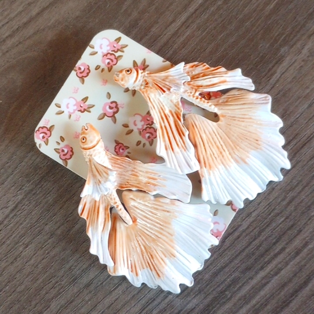 NEW Anthro Fish Statement Earrings in Peach White & Gold NWOT